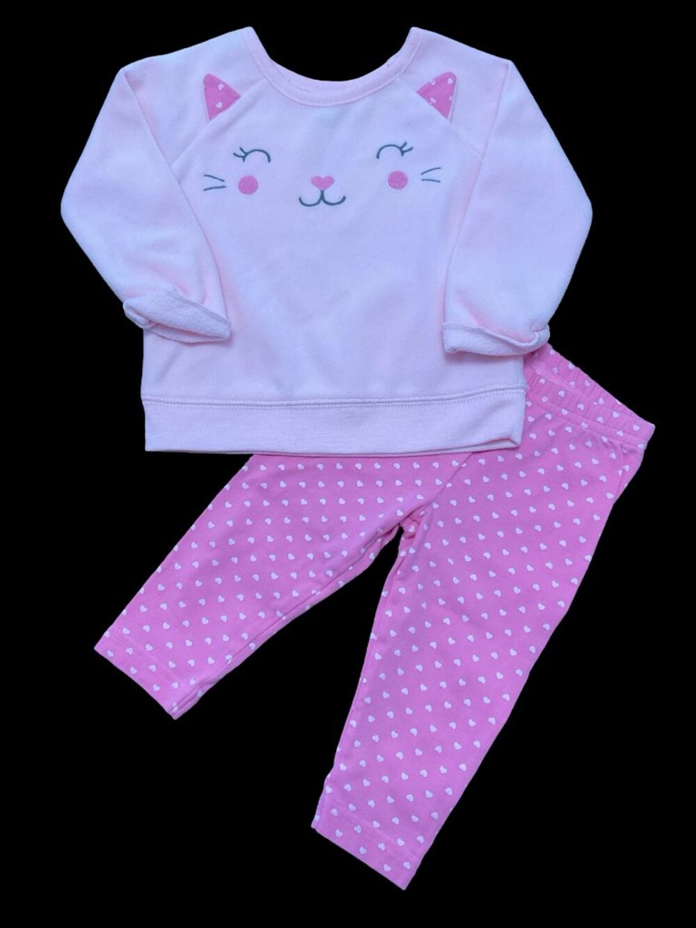 👣 5/$25 - Pink Fleece 2 Piece Kitty/Heart Outfit